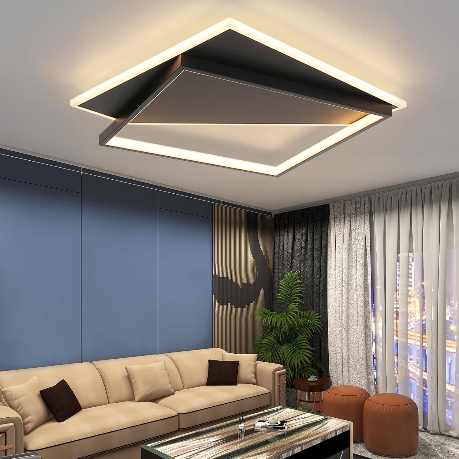 NETTLIFE moderne LED loftlampe, 53W sort, dæmpbar. Med fjernbetjening, til stue, soveværelse, køkken, entré, kontor.