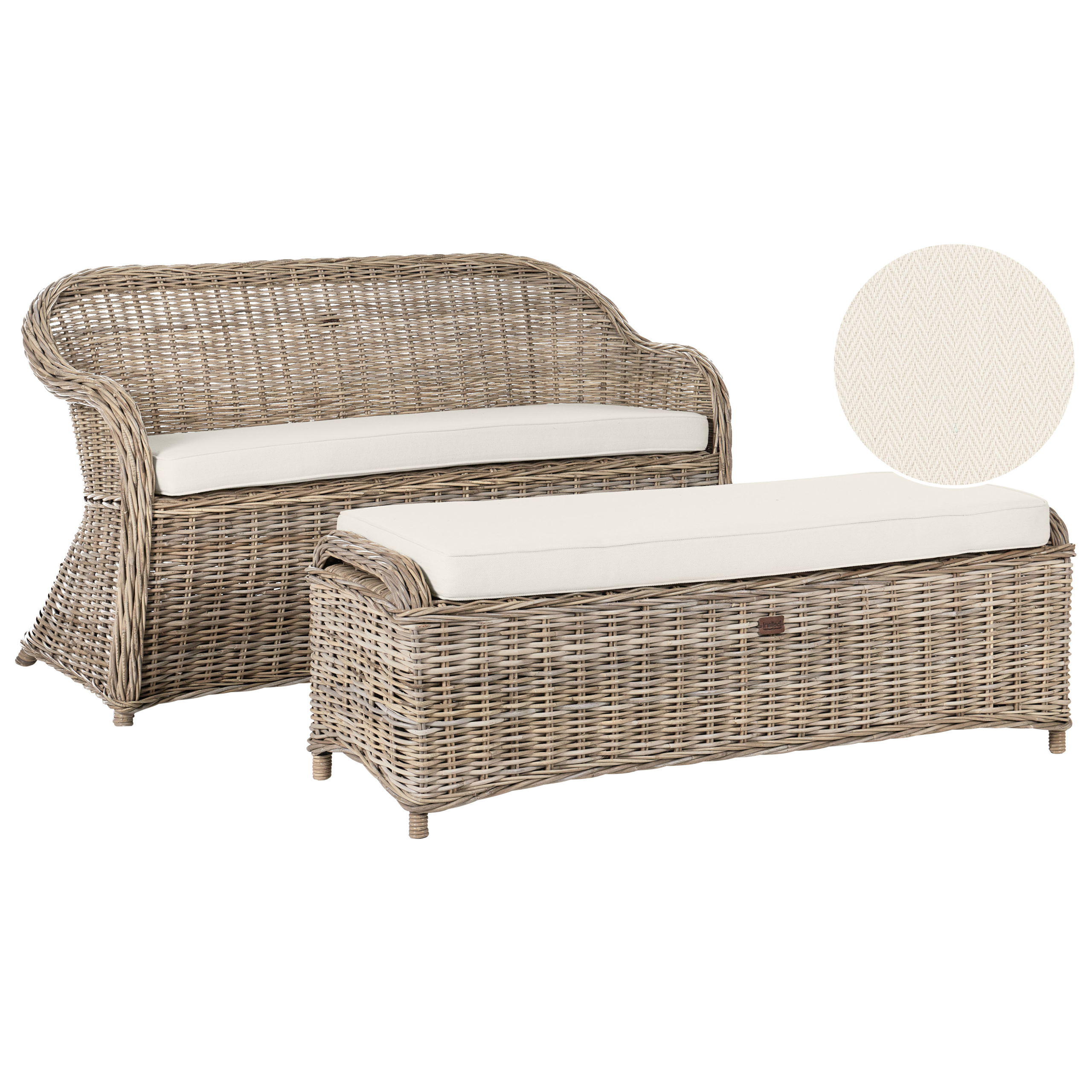 Havebænk med hynde SUSUA 150 cm med fodskammel Rattan Naturlig