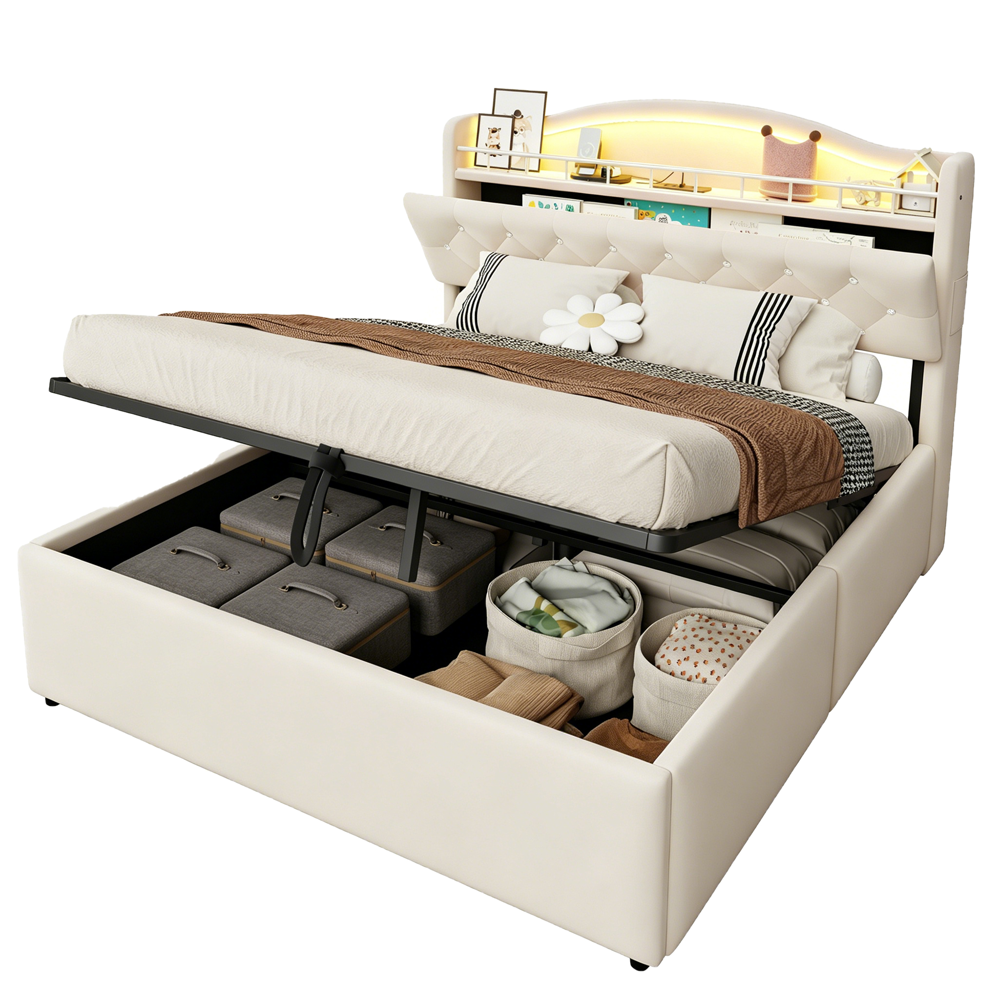 seng 140x200 cm beige stof og metal med hydraulisk opbevaring led-belysning usb og usb-c