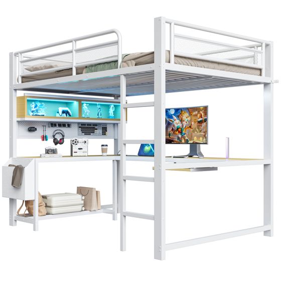 højseng 140x200 cm hvid mdf og metal med skrivebord skuffer led-belysning og ladestation