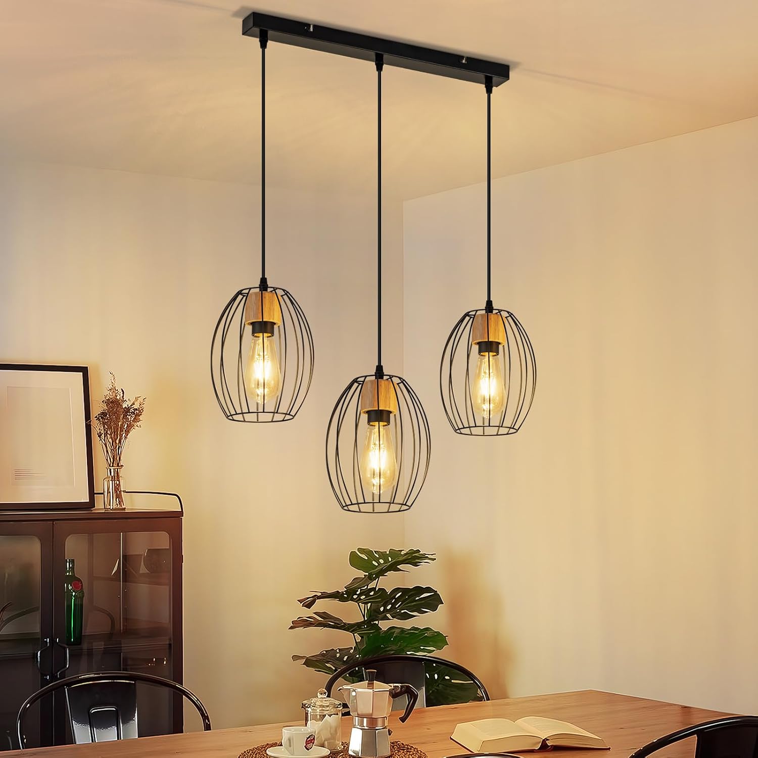 NETTLIFE Vintage Pendellampe 3 Svingarme Sort Retro Pendellampe Metal og Træ Stue Soveværelse Køkken E27 Uden Pære