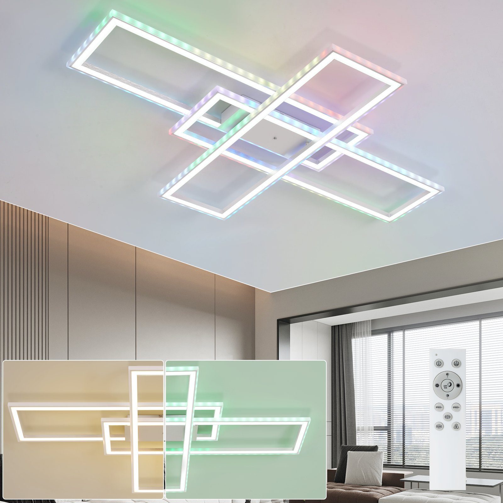 NETTLIFE LED loftlampe til stue, RGB - farveskiftende, dæmpbar, med fjernbetjening, til soveværelse, moderne lampe, 50 W