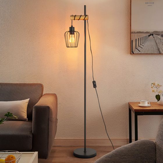 NETTLIFE trægulvlampe Vintage gulvlampe: Sort stuegulvlampe E27-fatning 146 cm (uden pære)