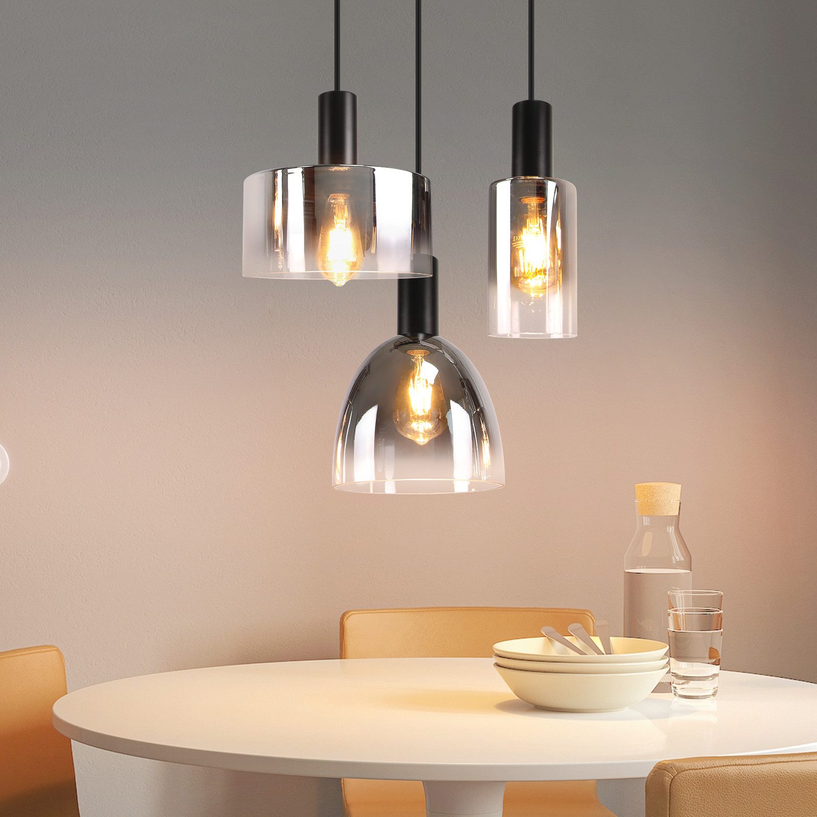 NETTLIFE Vintage - spisebordspendellampe, røggråt glas, E27, højdejusterbar, til stuen