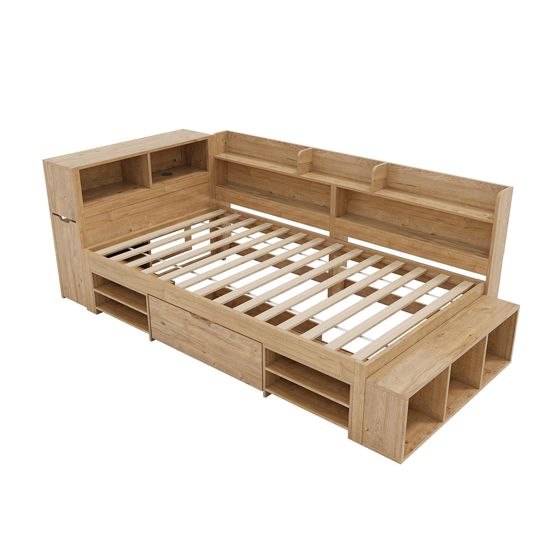 Opbevaringsseng 90 x 200 cm, naturfarvet massivt træ, hylder + garderober