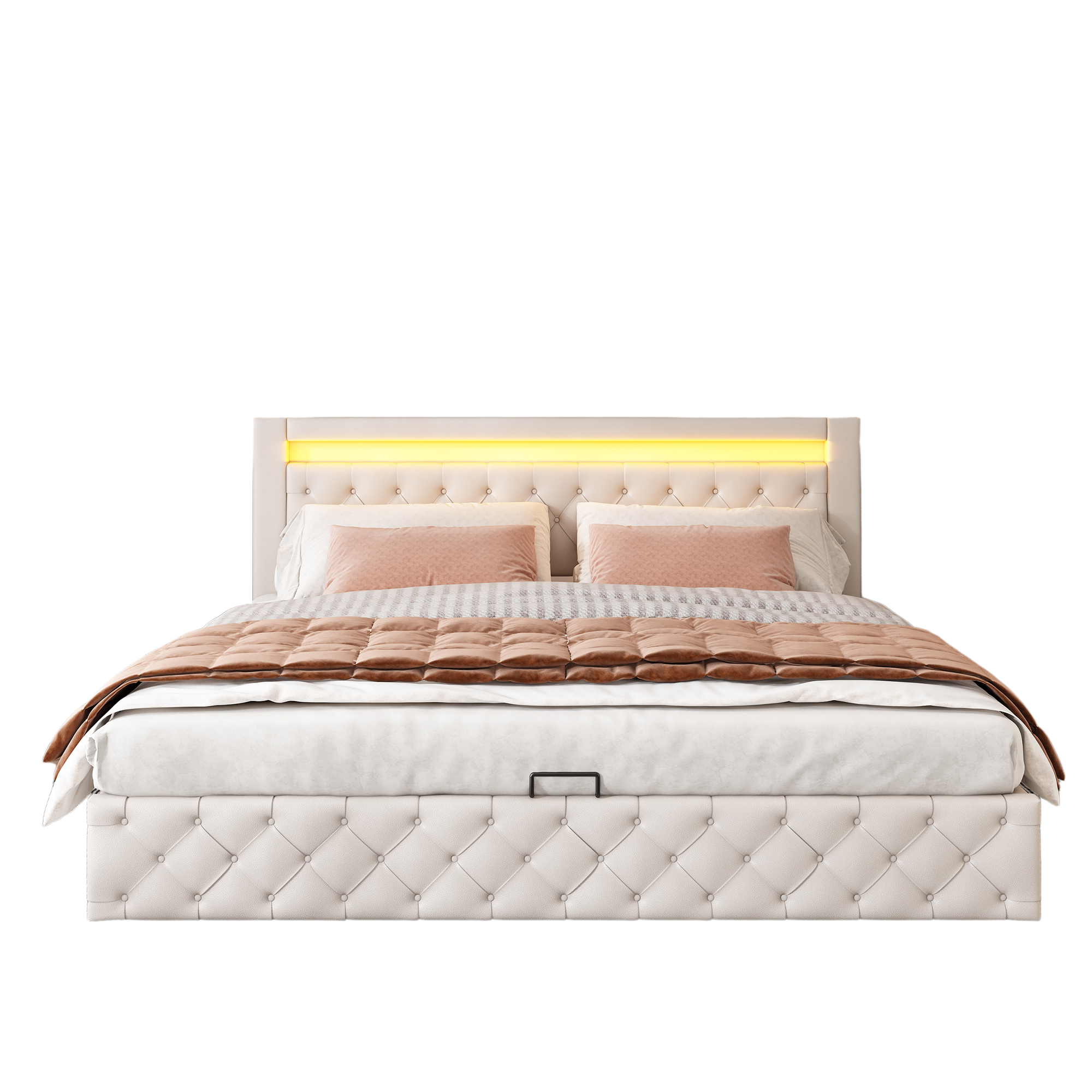 seng 180x200 cm hvid PU med opbevaring og LED-belysning
