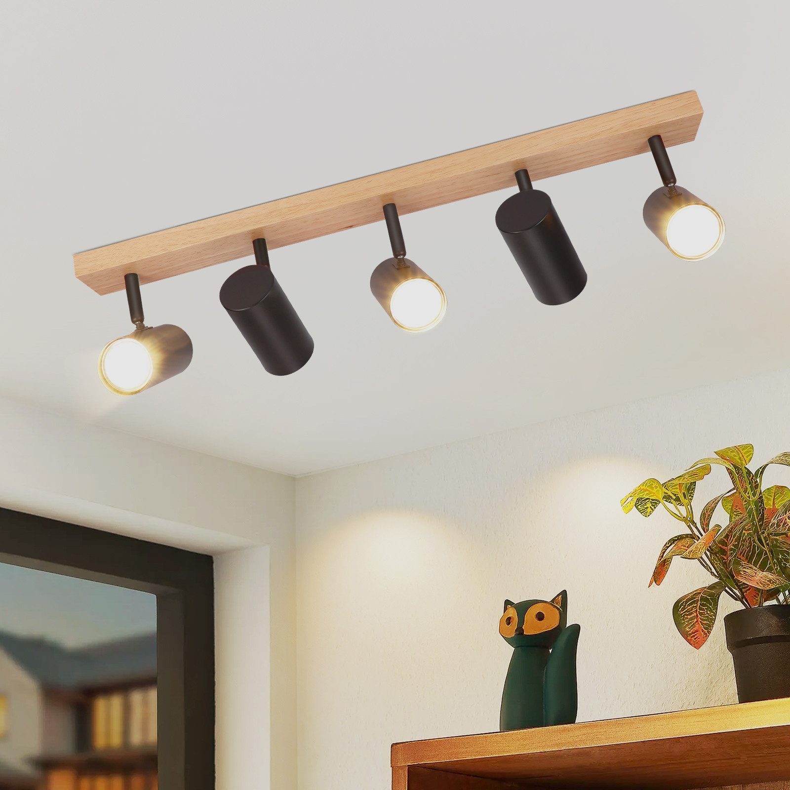 NETTLIFE loftspotlight med 5 lyskilder, sort, træ, vintage, GU10, justerbar 350°
