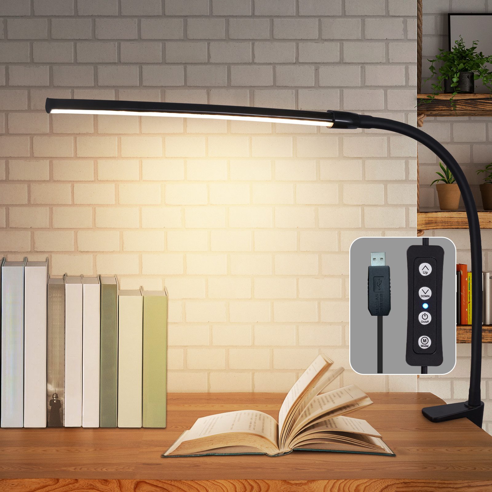 NETTLIFE LED - bordlampe, sort, klemme, 3 farver, 5 lysstyrkeniveauer, USB, 5W, dagslyspære, fleksibel, øjenbeskyttelse