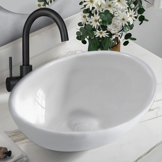 NETTLIFE bordvask, oval badeværelsesvask med lotusmønster, hvid 41*33 cm