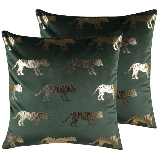 Sæt af 2 pyntepuder BLUEBELL 45 x 45 cm Velour Mørkegrøn Dyremønster