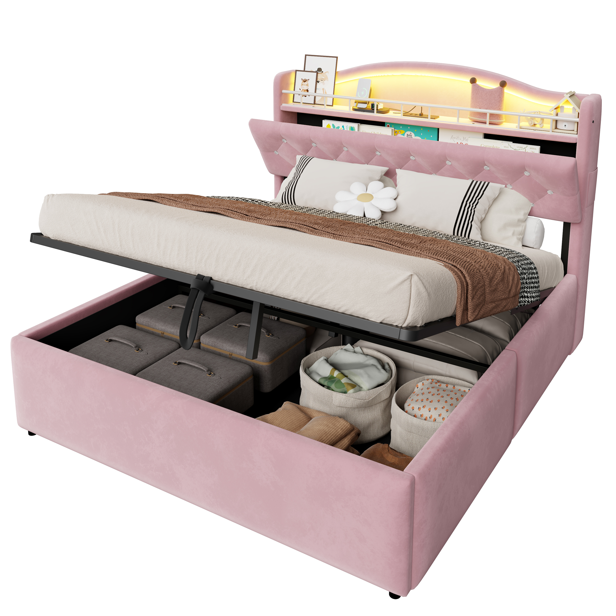 seng 140x200 cm rosa stof og metal med hydraulisk opbevaring led-belysning og usb-ladestation