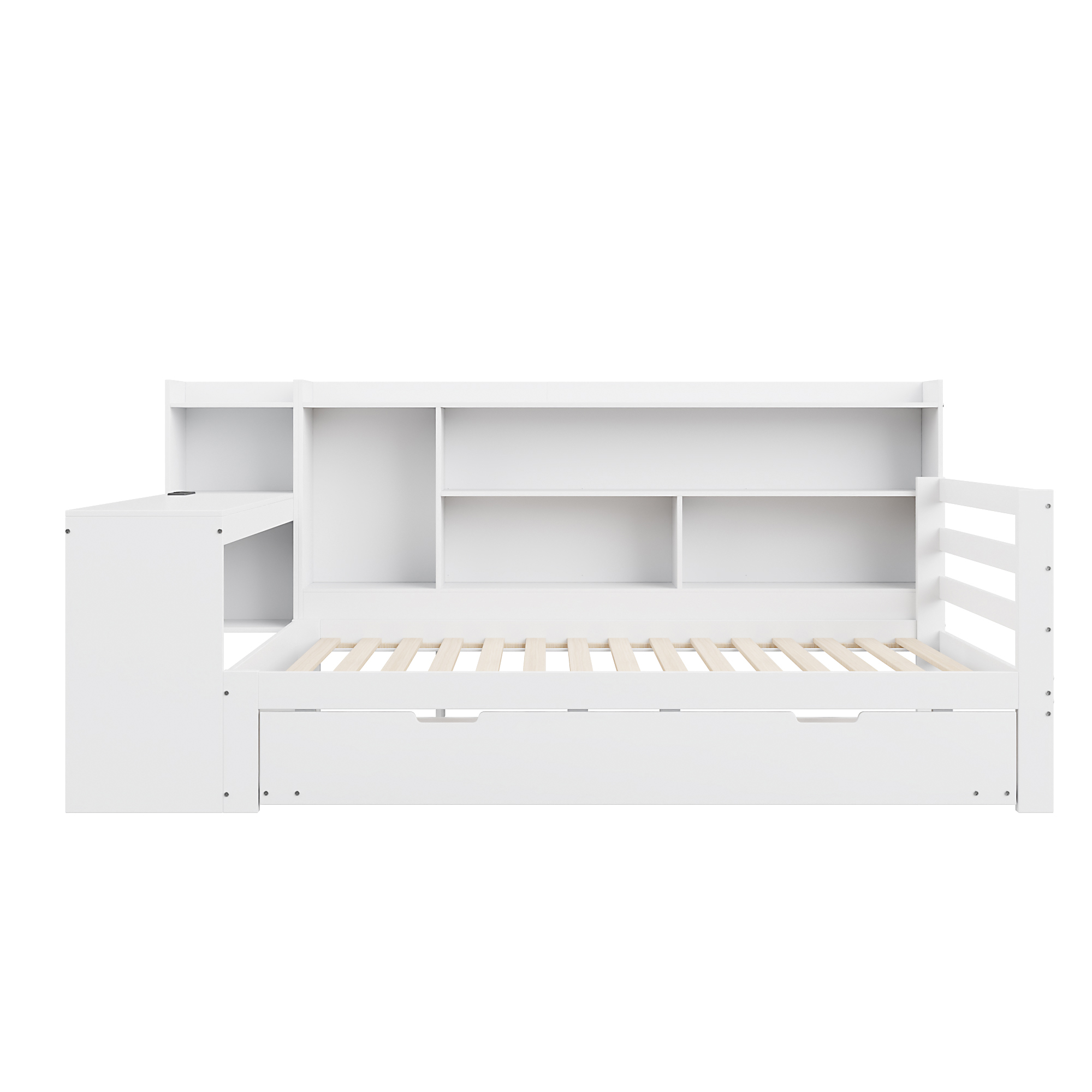 Sovesofa 90 x 200 cm, Hvid, Fyr + MDF, Skrivebord + Hylder + Stikkontakt