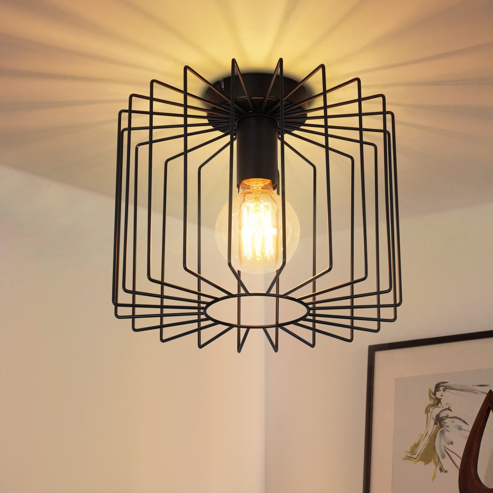 NETTLIFE Vintage - loftslampe, E27, sort, burlysekrone, 27 cm, retro metal, entrelampe