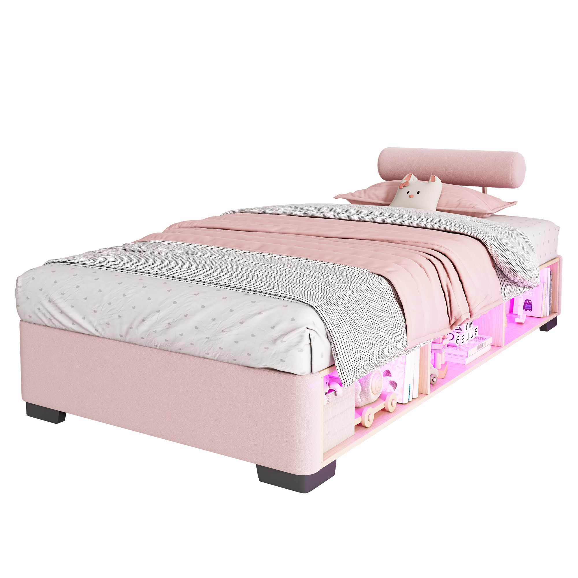 seng 90x200 cm rosa fløjl justerbar med led-belysning og åben opbevaringsplads