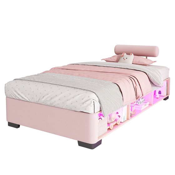 seng 90x200 cm rosa fløjl justerbar med led-belysning og åben opbevaringsplads