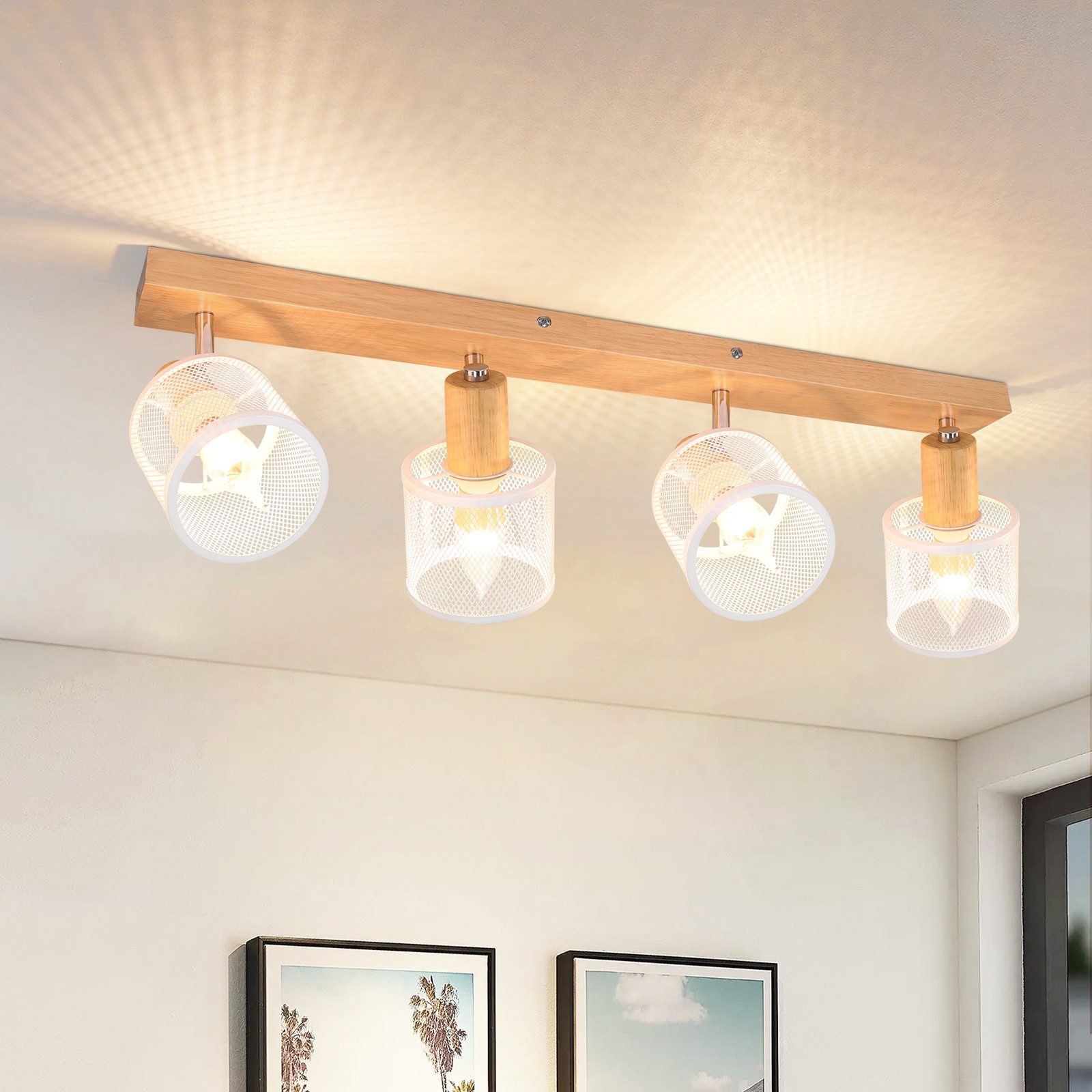 NETTLIFE - loftslampe 4 hvide spotlights træmønster E14 loftslampe, justerbar 350° 4 pærer maks. 25 W
