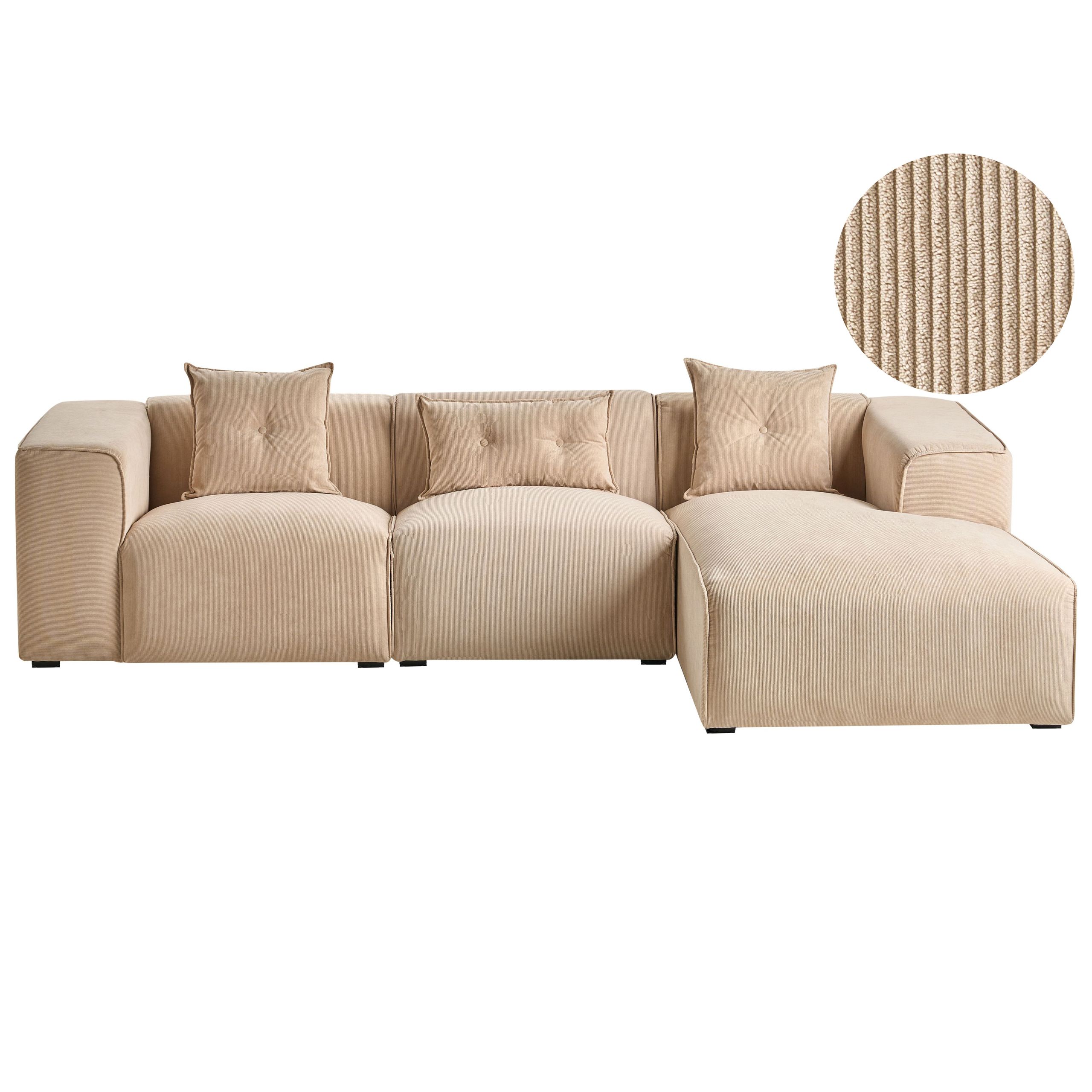 Hjørnesofa 3 personers DOLVA Fløjl Beige Venstrevendt