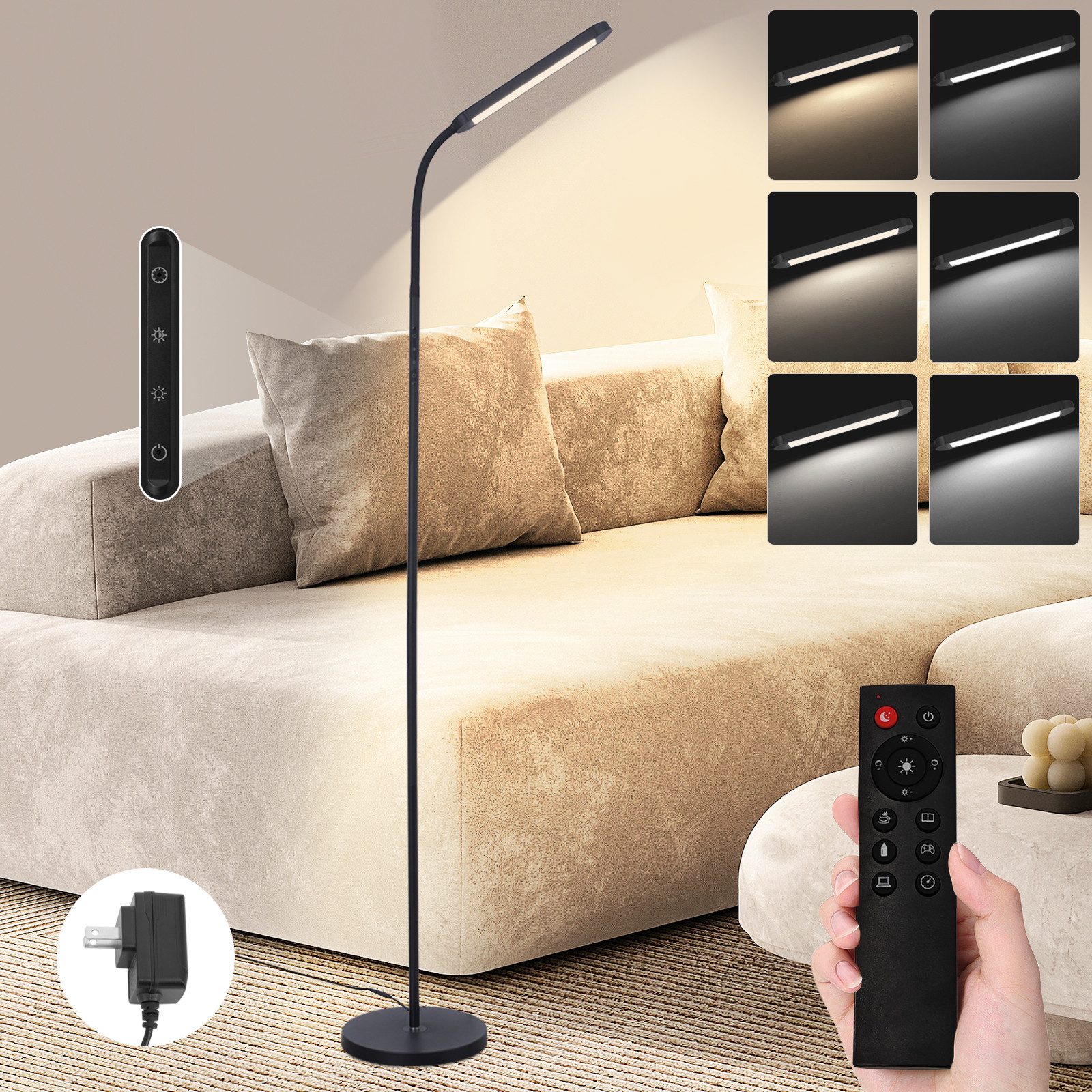 NETTLIFE LED - gulvlampe til stuen, dæmpbar sort gulvlampe 11w, 360° fleksibel sofa