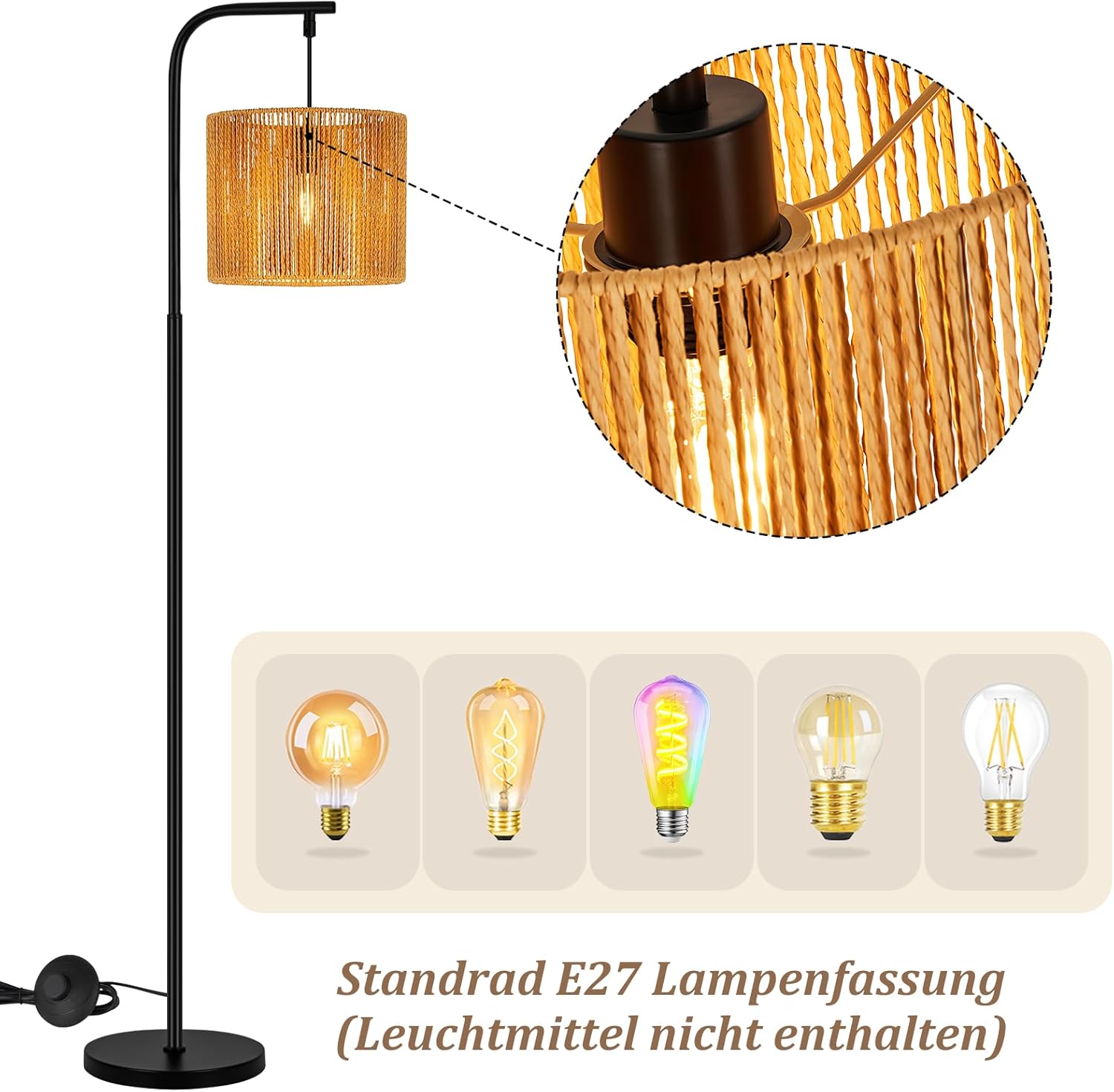 NETTLIFE Boho buet gulvlampe sort, rebskærm, vintage E27, 164 cm, fodkontakt til stue og soveværelse