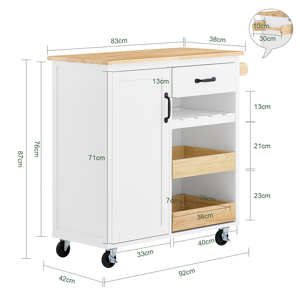 SoBuy FKW131-WN Køkkenvogn med hjul, køkkenø med gummitræsbordplade, pladsbesparende køkkenskab, køkkenvogn med skuffer 92x42x87 cm Hvid
