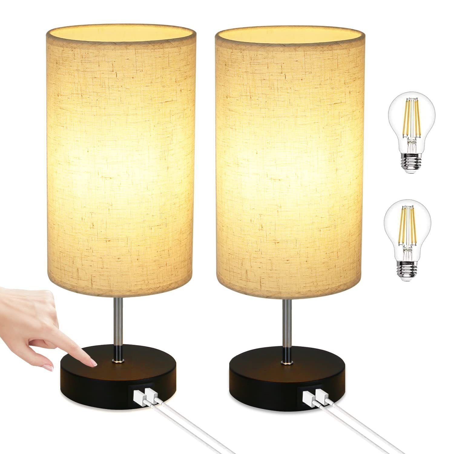NETTLIFE 2 stk. bordlamper, USB touch natlampe, sort Vintage dæmpbar, bordlampe, E27, med opladningsfunktion, moderne