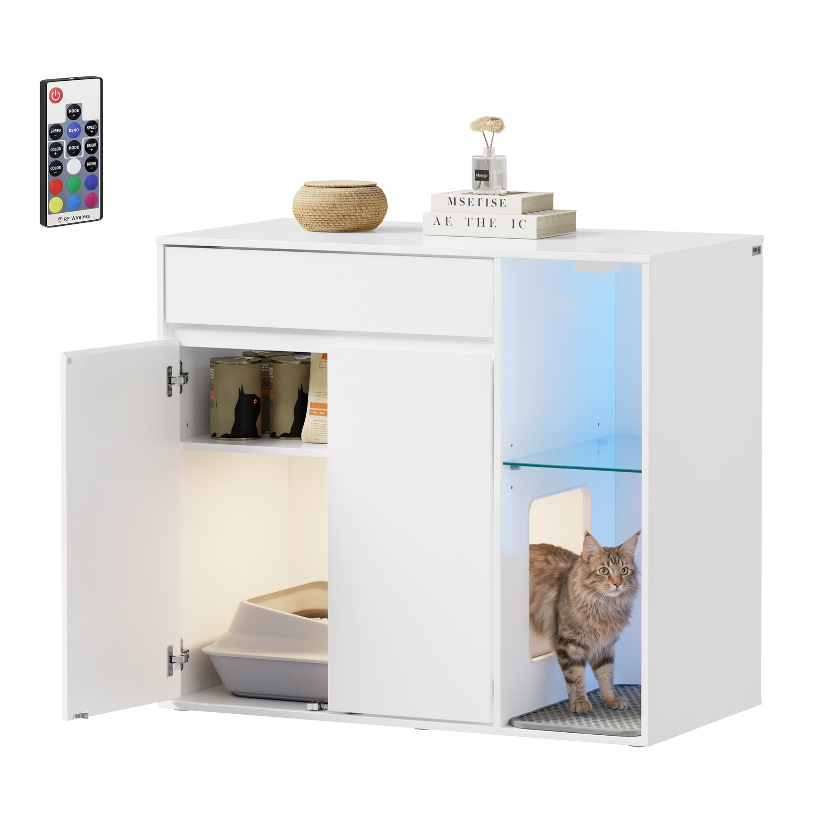 Kattekasse-skab med skjult bakke og LED-lys, hvid, 85x45x75 cm, HAT08-E-W