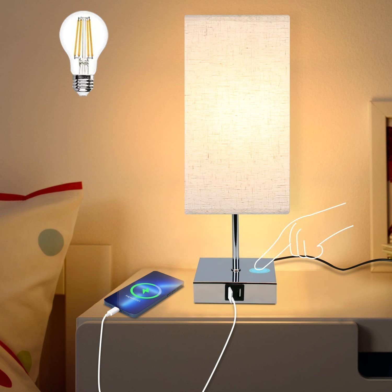 NETTLIFE Dæmpbar, Touch Natlampe, Vintage, Stofskærm, E27, med USB-opladningsfunktion