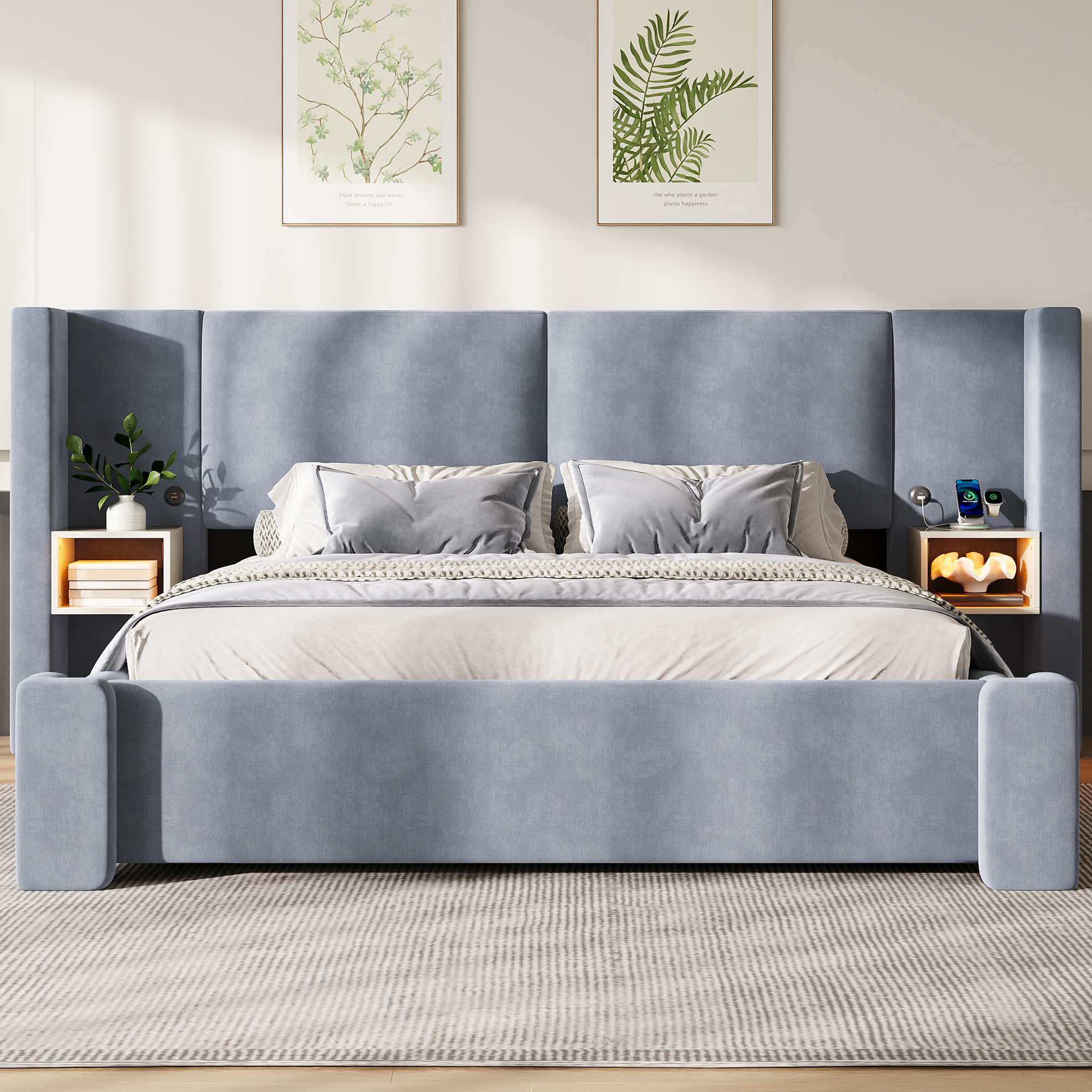 Polstret seng 180x200 cm med gasfjeder-opbevaring, beige hør