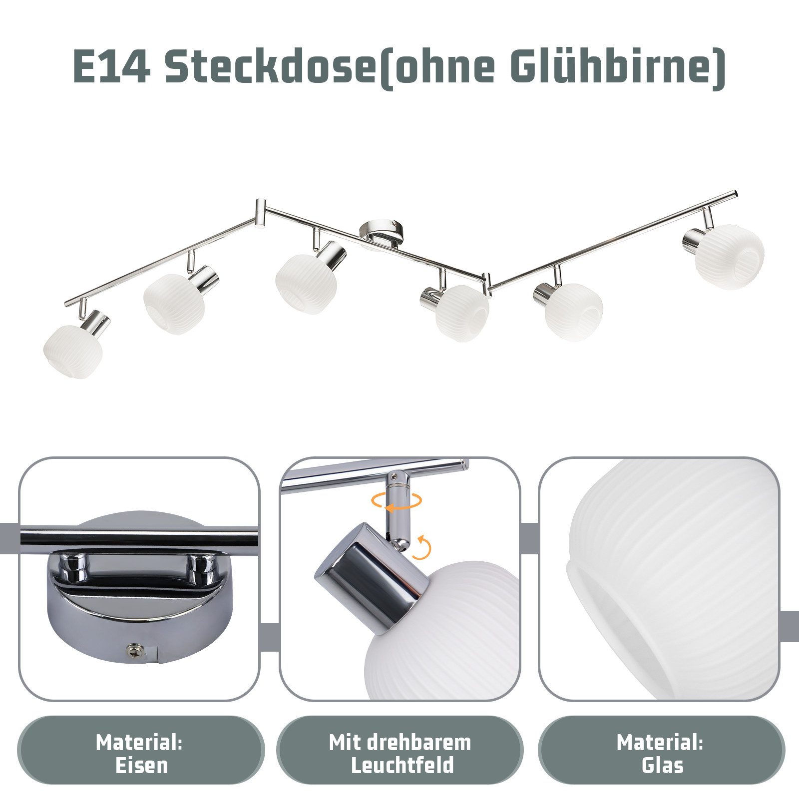 NETTLIFE hvid loftspotlight E14 loftslampe 6 pærer til indendørs brug glasskærm justerbar spotlight