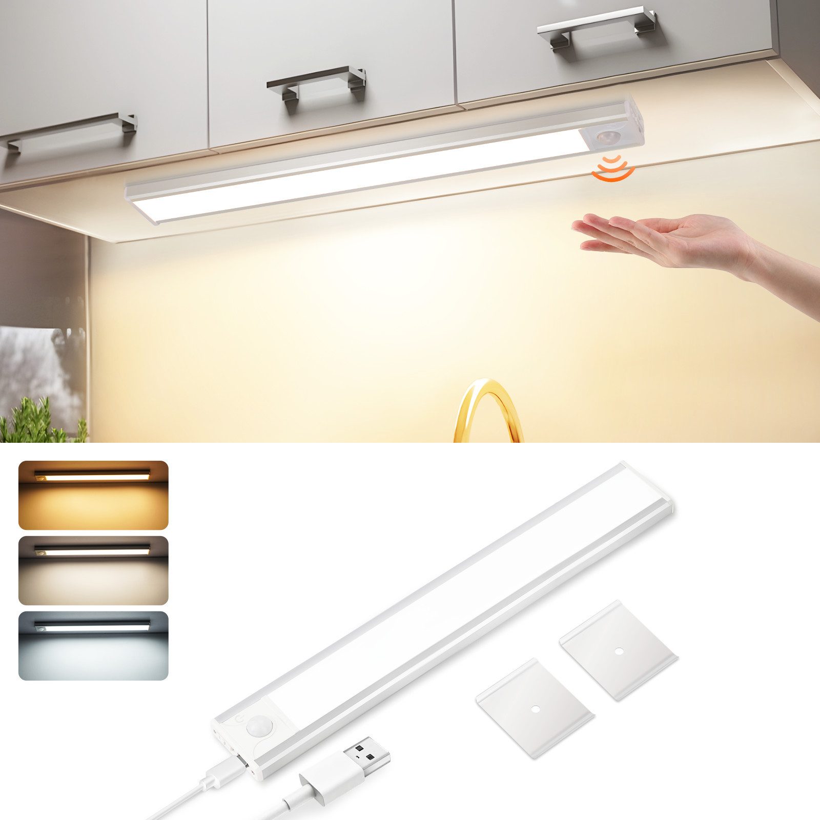 NETTLIFE LED-underskabslampe med bevægelsessensor, USB-genopladelig, 1500 mAh, ideel til garderobe, entré eller skab