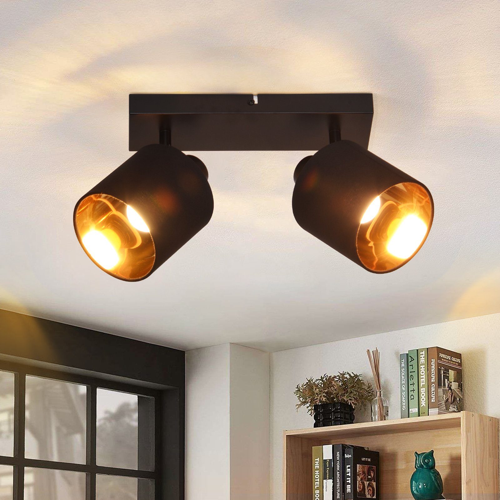 NETTLIFE 2 vintage sorte loftspotlights E14 350° drejelige med stofskærm til stue, soveværelse, køkken, uden pære