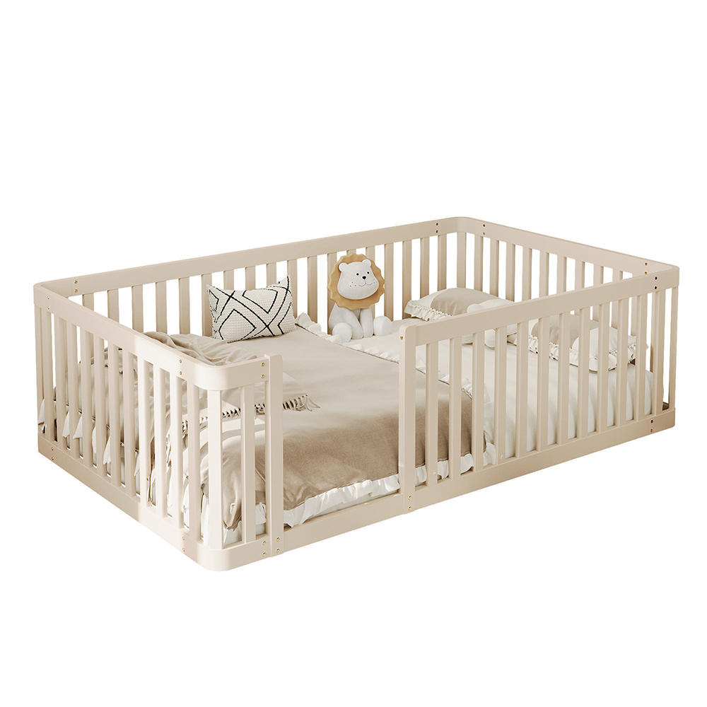 Platformsseng 90x200 cm med sikkerhedsgitter, flødehvid