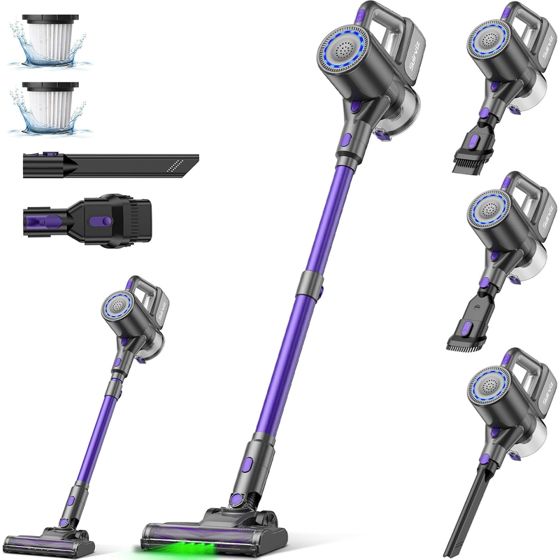 NETTLIFE Ledningsfri støvsuger 500 W/40.000 Pa/40 min, Batteridrevet, Letvægts stavstøvsuger med grønt lys, Ideel til hårde gulve.