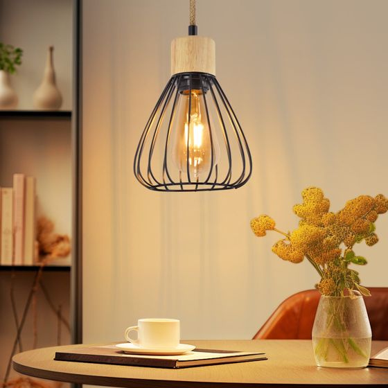 NETTLIFE pendellampe spisebord sort metal spiseområde 1 flamme retro industrielt træ hampreb E27