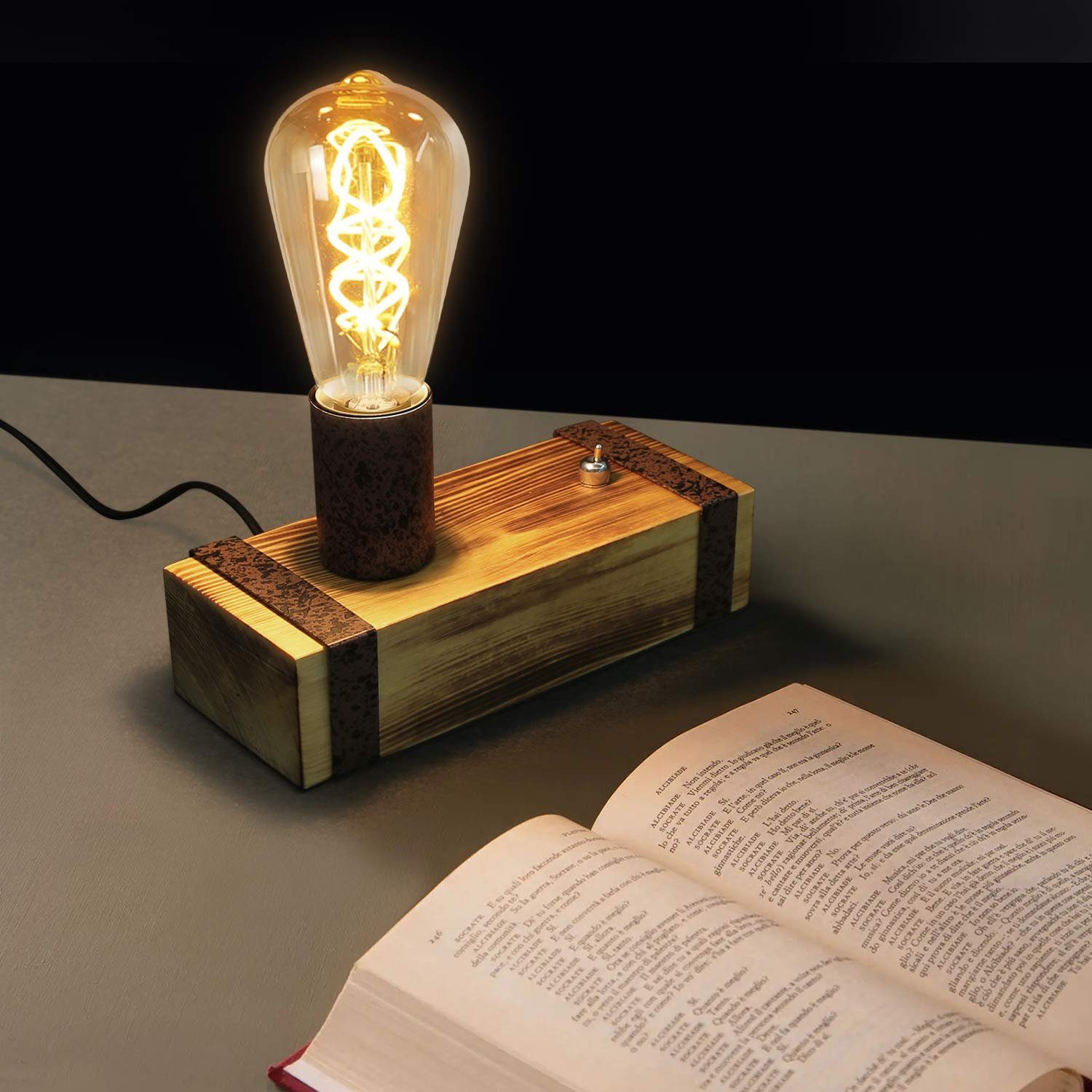 NETTLIFE Vintage - træbordlampe, retrostil, 20 cm, E27 - sengelampe, pærer, ikke inkluderet i prisen