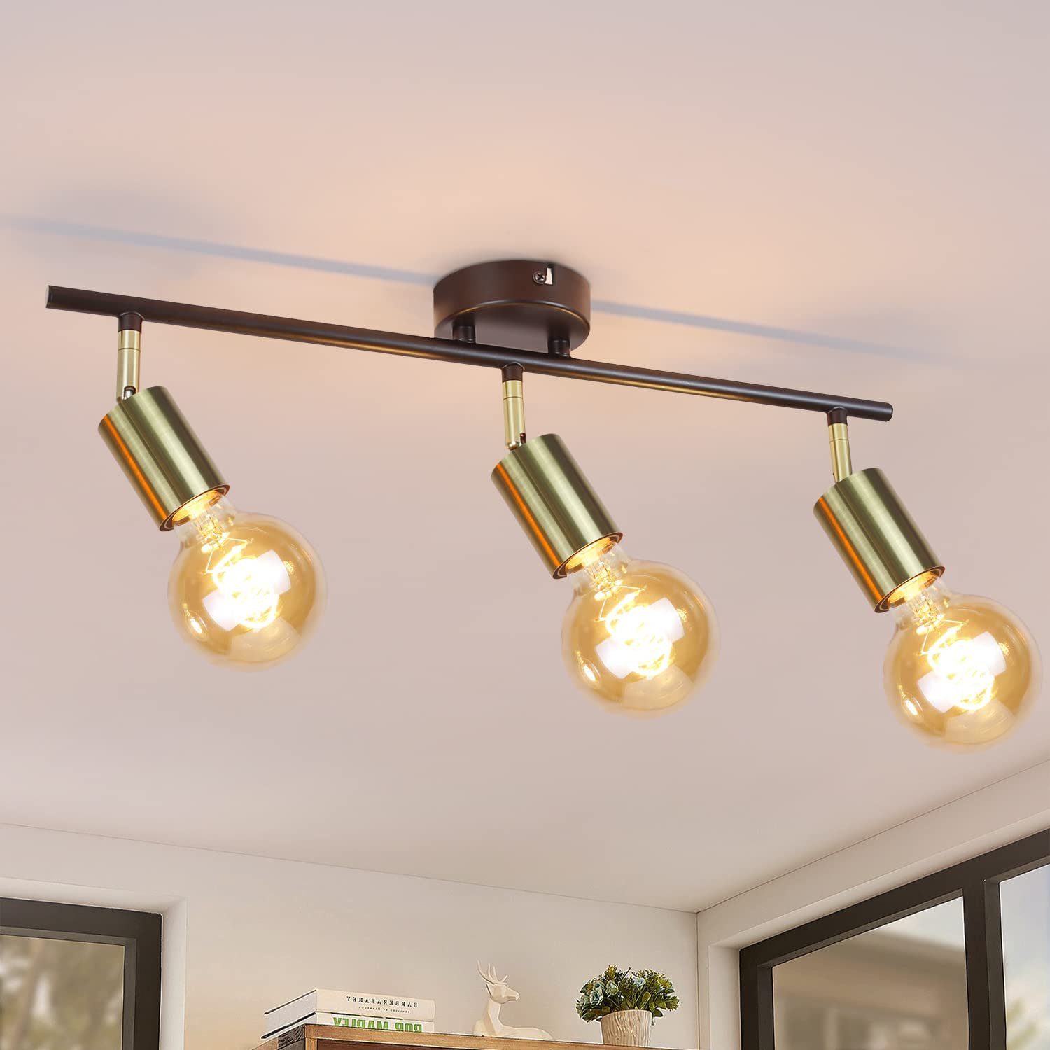 NETTLIFE 3 Vintage loftspotlight, E27, sort og guld, drejelig industrilampe, retrostil