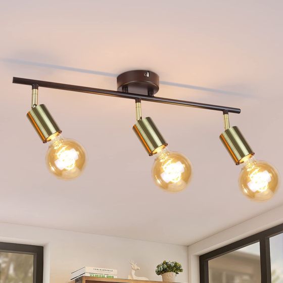 NETTLIFE 3 Vintage loftspotlight, E27, sort og guld, drejelig industrilampe, retrostil