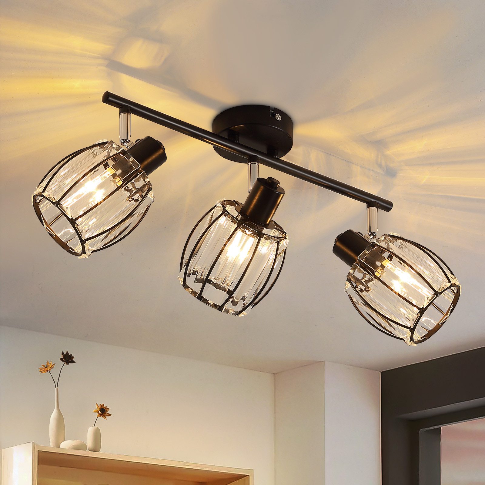 NETTLIFE loftlampe med spotlight, 3 flammer, retro E14 - loftlampe, krystalskærm, hotel