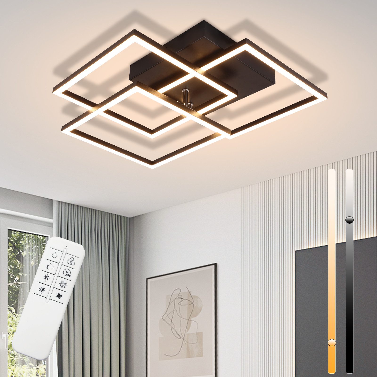 NETTLIFE LED - loftlampe, til stue, sort, dæmpbar, firkantet, moderne, 36w Med fjernbetjening