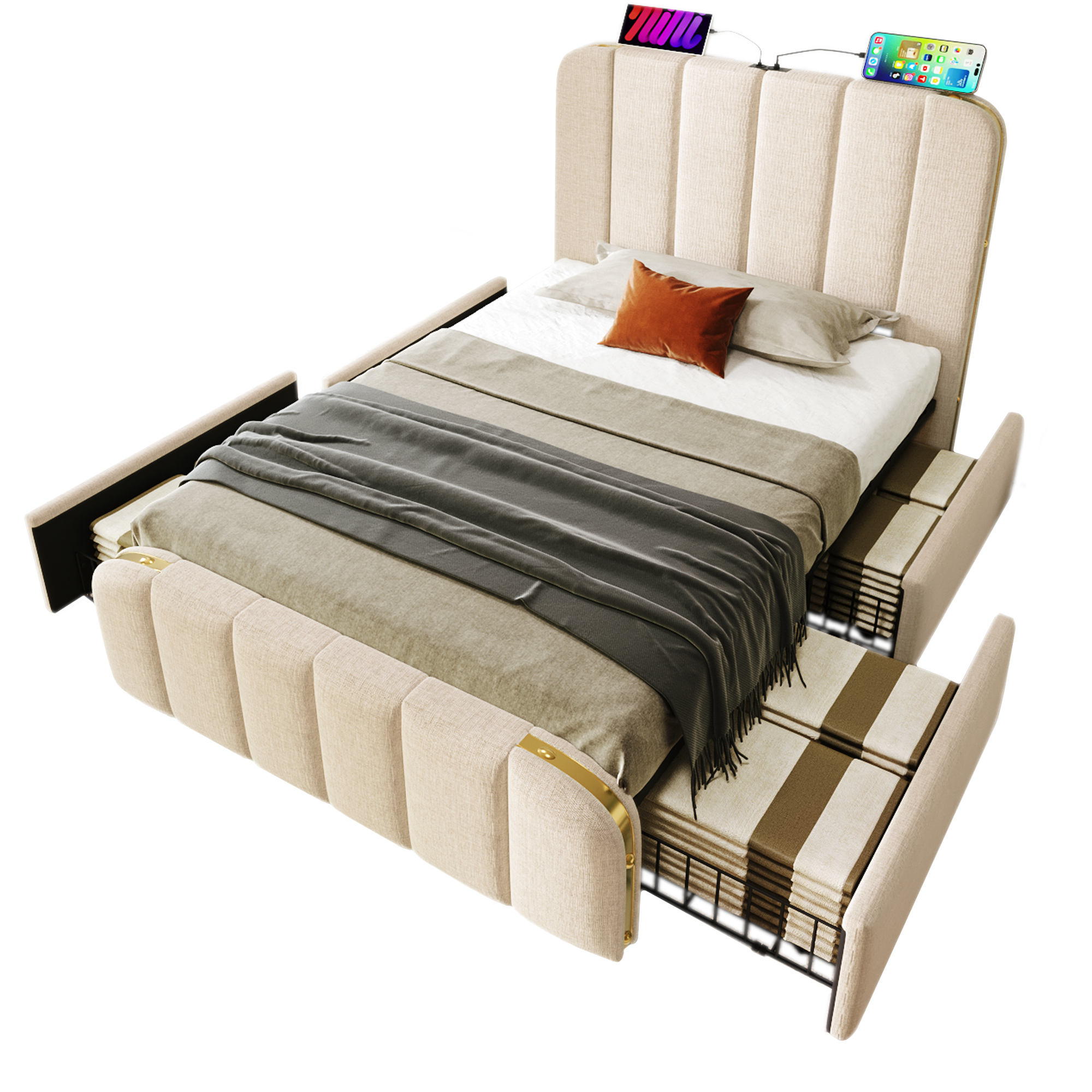 seng 90x200 cm beige i lien med 4 skuffer og usb type-c ladefunktion