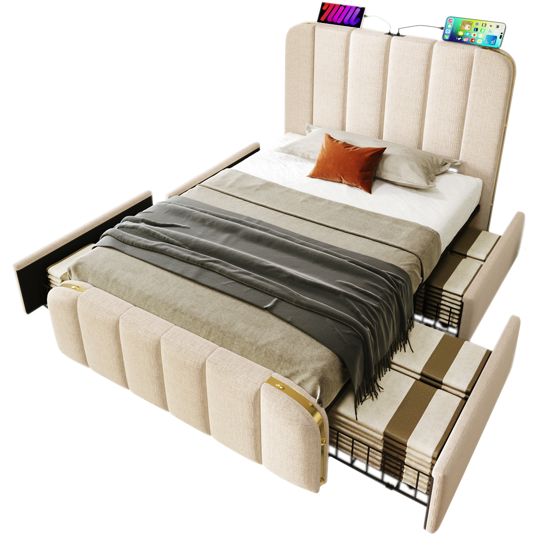 seng 90x200 cm beige i lien med 4 skuffer og usb type-c ladefunktion