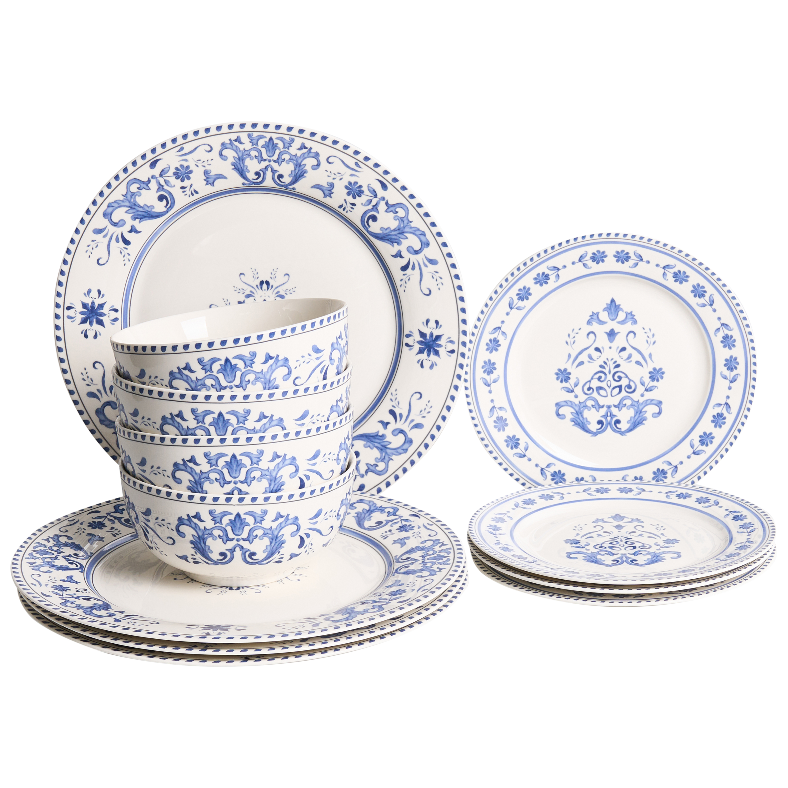 Sæt med 12 stykker service GALANGAL Porcelæn Hvid/blå