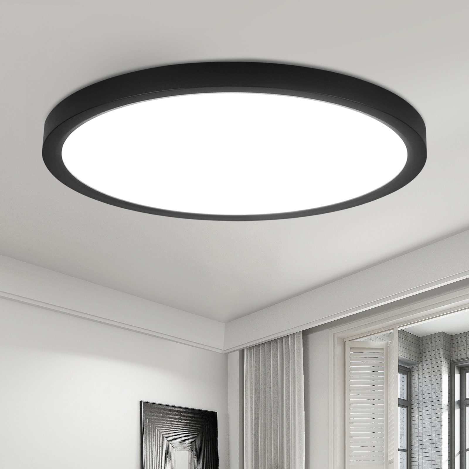 NETTLIFE flad LED loftlampe 30 cm - 24 W, sort, 6000 K - moderne belysning til køkken, entré, soveværelse