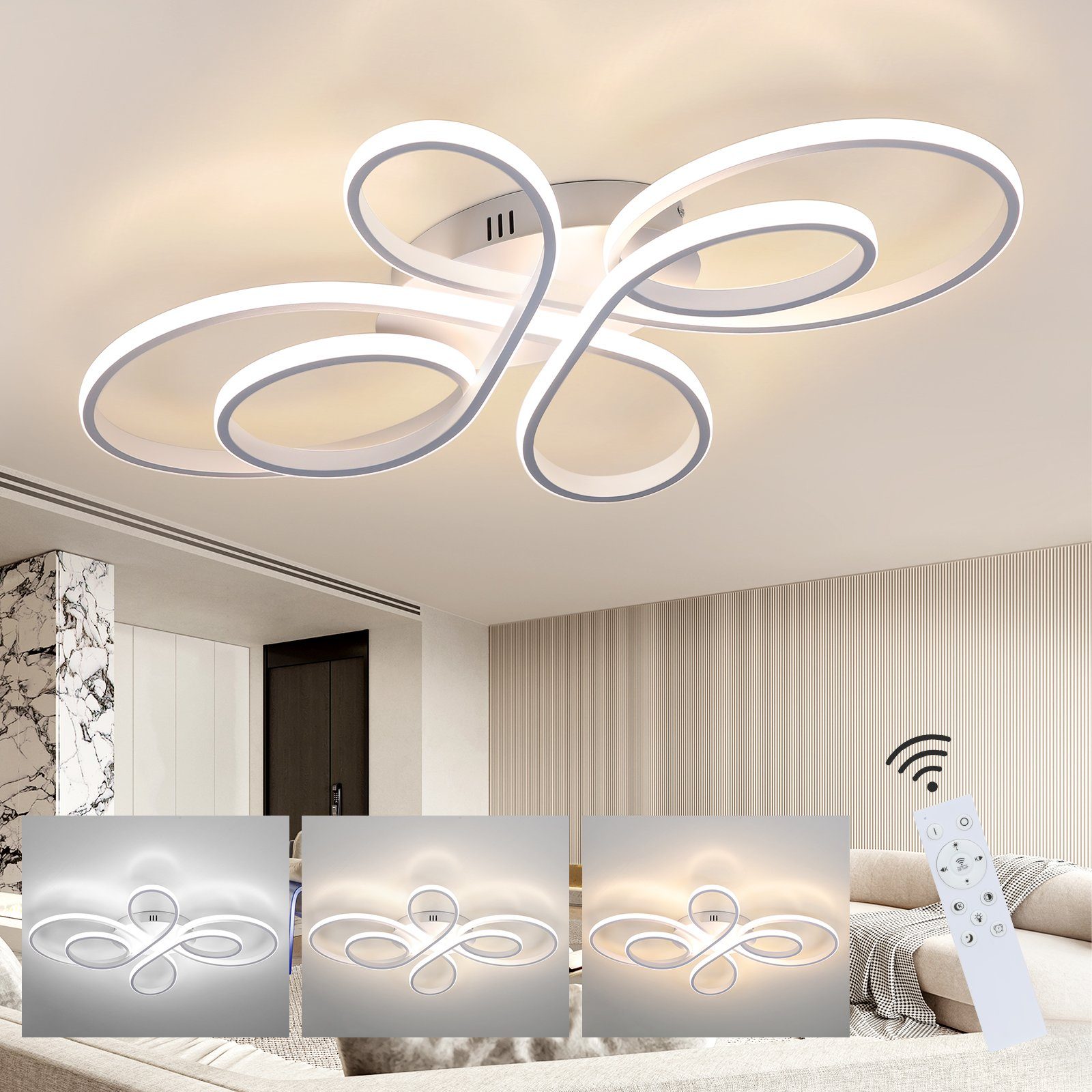NETTLIFE LED loftlampe dæmpbar stor 100 cm 90 W moderne hvid med fjernbetjening