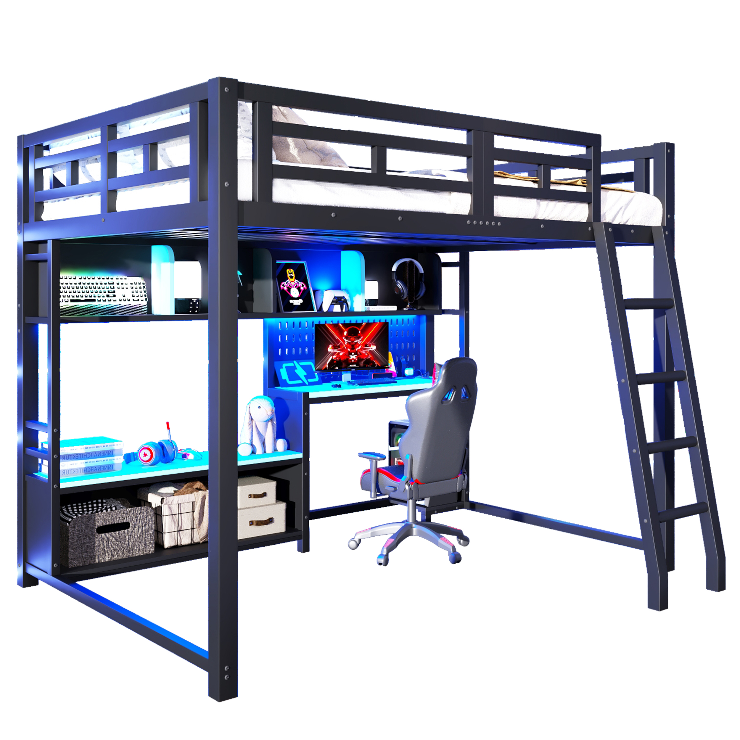 Hemseseng 140x200 cm i metal med gaming-skrivebord, rød