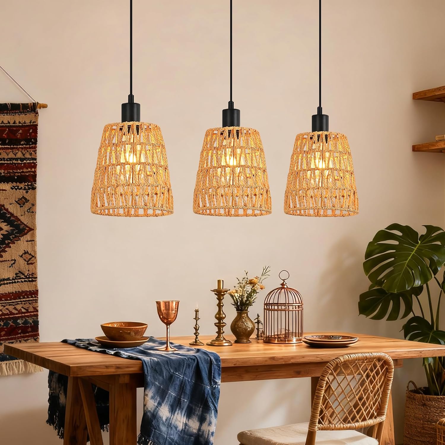 NETTLIFE pendellampe retro boheme rattan pendellampe, højdejusterbar, 3 lyskilder, E27