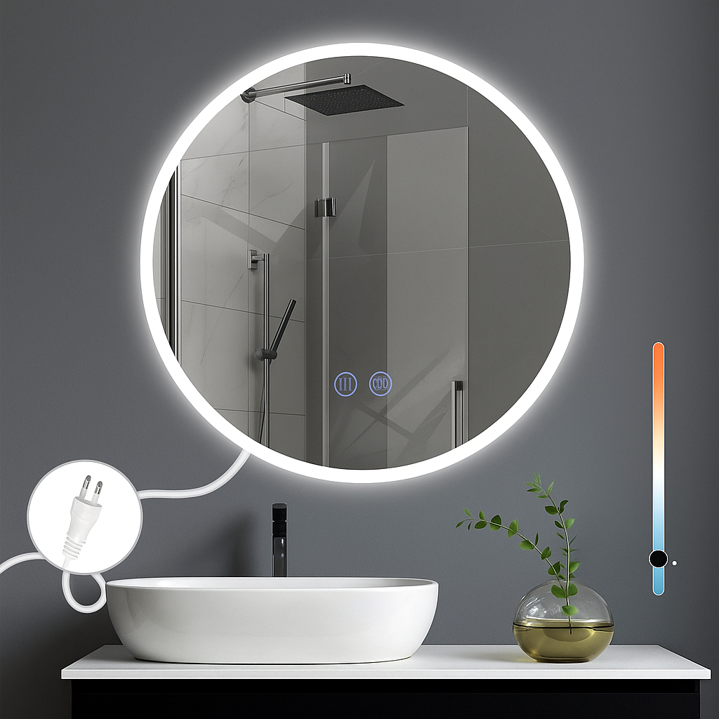 NETTLIFE Spejl med belysning, LED - vægspejl, IP44 rundt, 60 cm med touchfunktion. Oplyst, rundt, spejl, dæmpbar. Med lys.