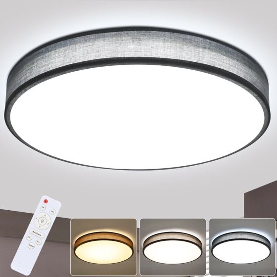 NETTLIFE LED loftlampe, grå 38W, rund moderne, dæmpbarMed fjernbetjening, soveværelseslampeMed stofskærm