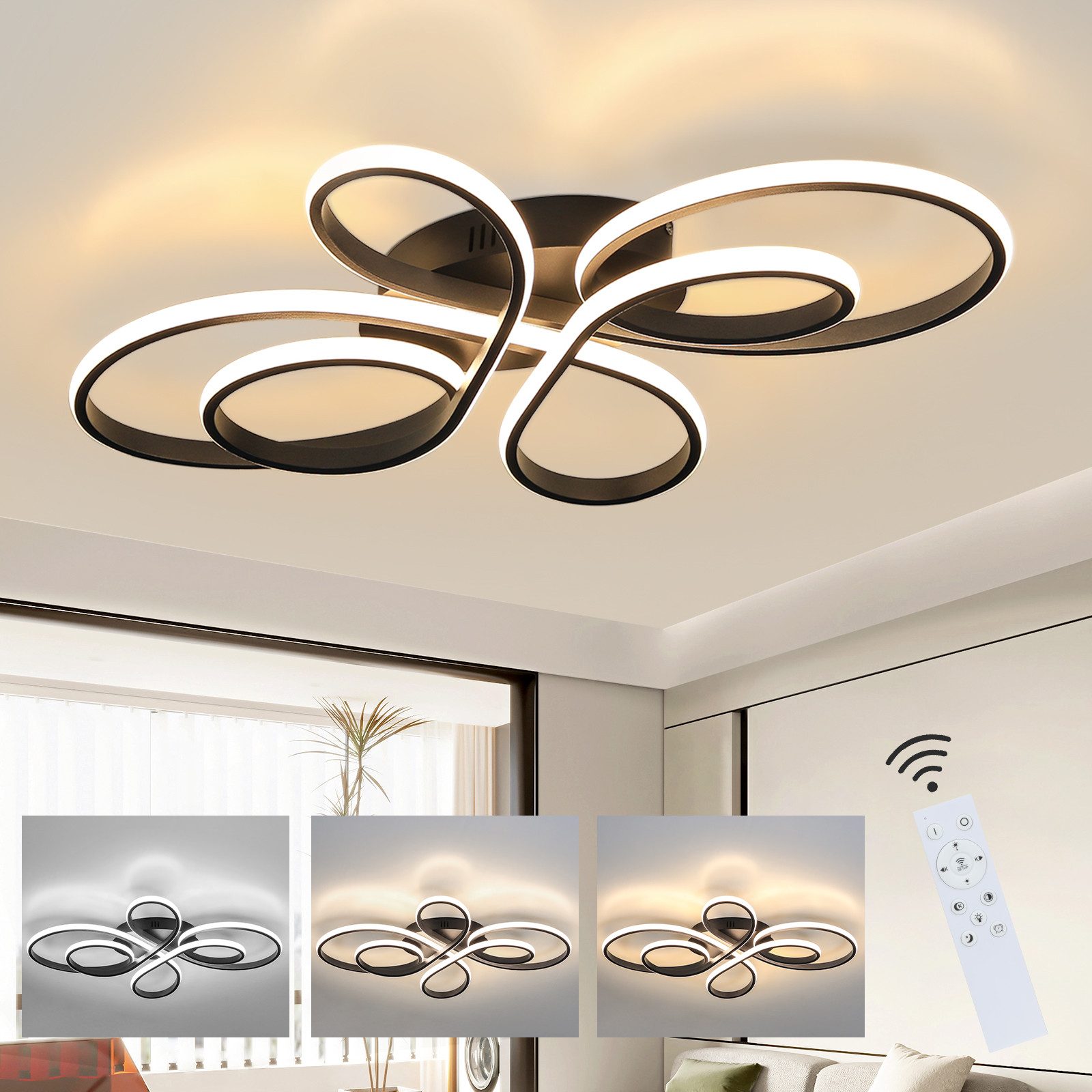 NETTLIFE moderne dæmpbar LED-loftlampe, sort, 66 cm, 65 W, med fjernbetjening, egnet til spisestue, kontor