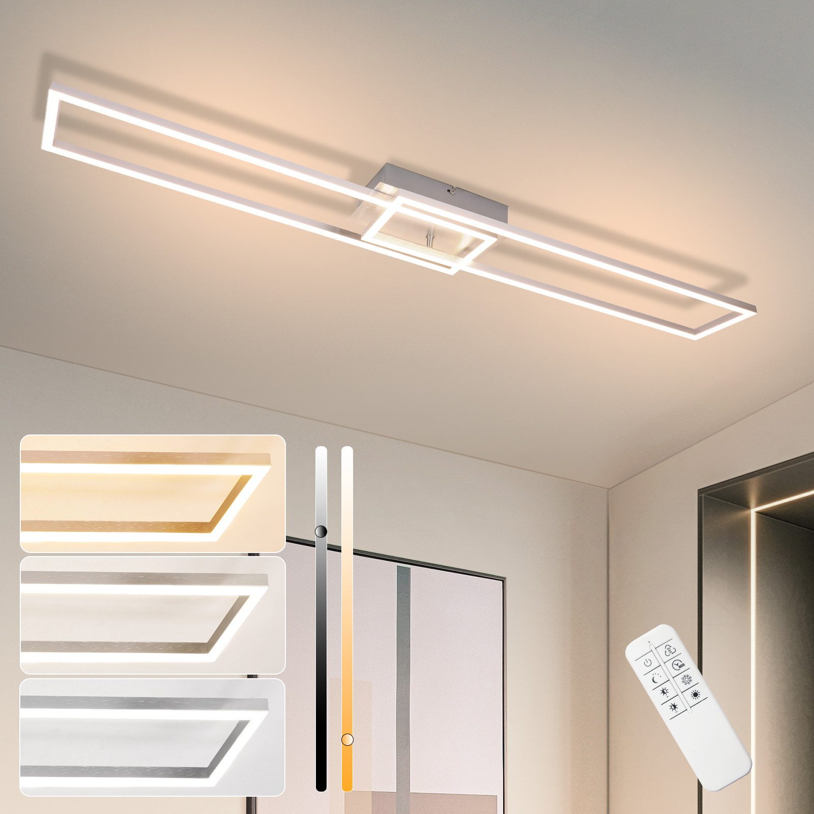 NETTLIFE LED - loftslampe, til soveværelset - 2Frame soveværelseslampe, 102 cm, moderne dæmpbar. Med fjernbetjening, sølvfarvet loftslampe 36 W.